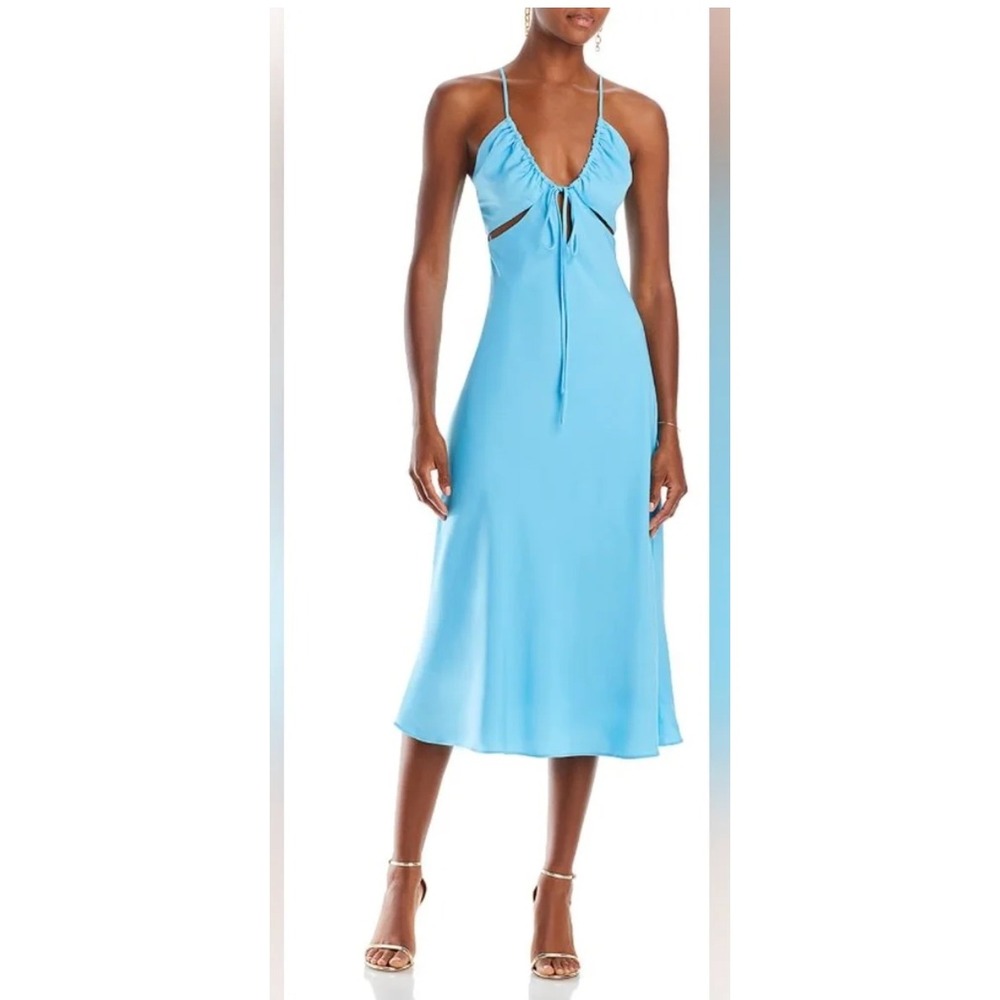 Lucy Paris Yvona Cutout Midi Dress Blue Ruched Tie Front V-Neck Medium